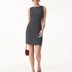Lyocell-Wool Striped Open Back A-Line Mini Bra Dress