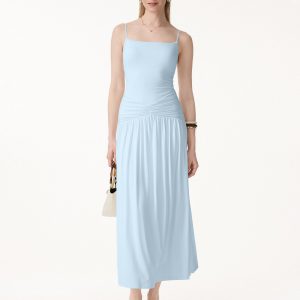 Not-See-Thru Spaghetti Gathered Maxi Bra Dress