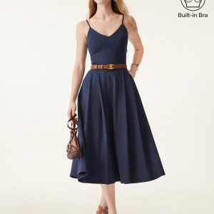 Bamboo Ponte V-neck Fit-and-flare Midi Bra Sundress with Pockets