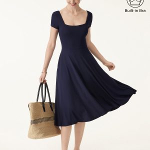 Flowy Square Neck Short Sleeve Midi Bra Dress