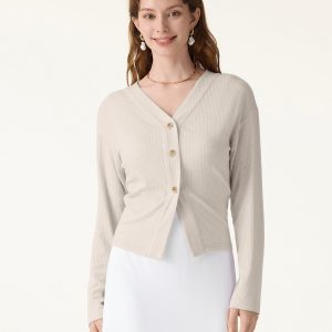 Textured Rib Relaxed V-Neck Button-Up Cardigan