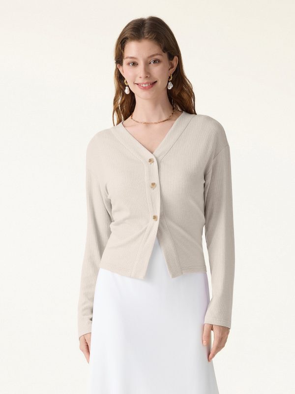 Textured Rib Relaxed V-Neck Button-Up Cardigan