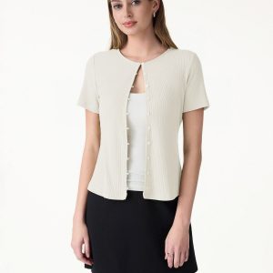 Pointelle Relaxed Short Sleeve Button-Front Cardigan Top