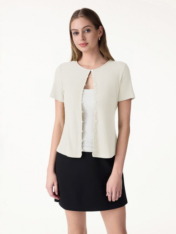 Pointelle Relaxed Short Sleeve Button-Front Cardigan Top