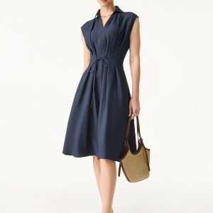 Viscose-Linen Collared V-neck Midi Dress with Drawstring
