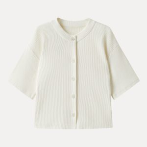 Stretch Cotton Textured Button-Up Elbow Sleeve Cardigan