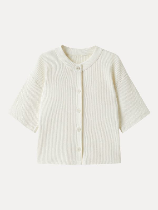 Stretch Cotton Textured Button-Up Elbow Sleeve Cardigan