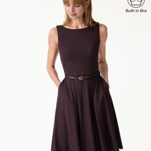 Stretchy Boatneck Fit-and-Flare Mini Bra Dress with Pockets