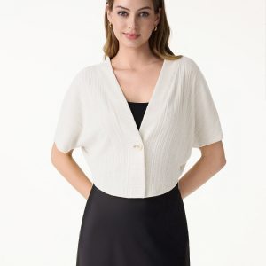 Pointelle Kimono Cropped One-Button Cardigan