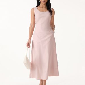 Wrinkle-Resistant Linen Blend U-Neck Maxi Dress with Pockets