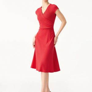 Stretch Cotton Surplice V-neck Cap Sleeve Midi Dress