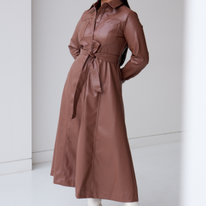 Vegan Leather Midi Shirt Dress – Walnut
