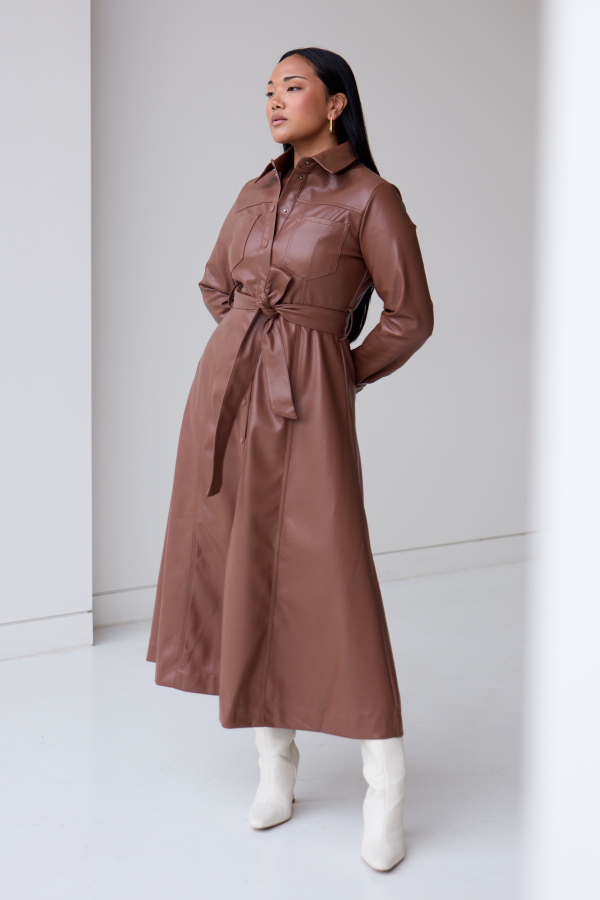 Vegan Leather Midi Shirt Dress – Walnut