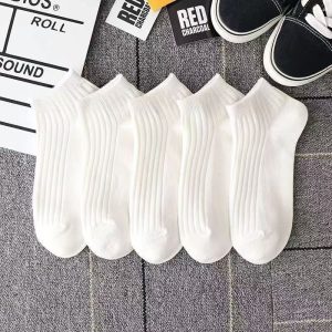 Women Solid White Ribbed Ankle Socks, Soft Cotton Low Cut Casual Socks for Sneakers, 5 Pairs Basic Daily Crew Socks