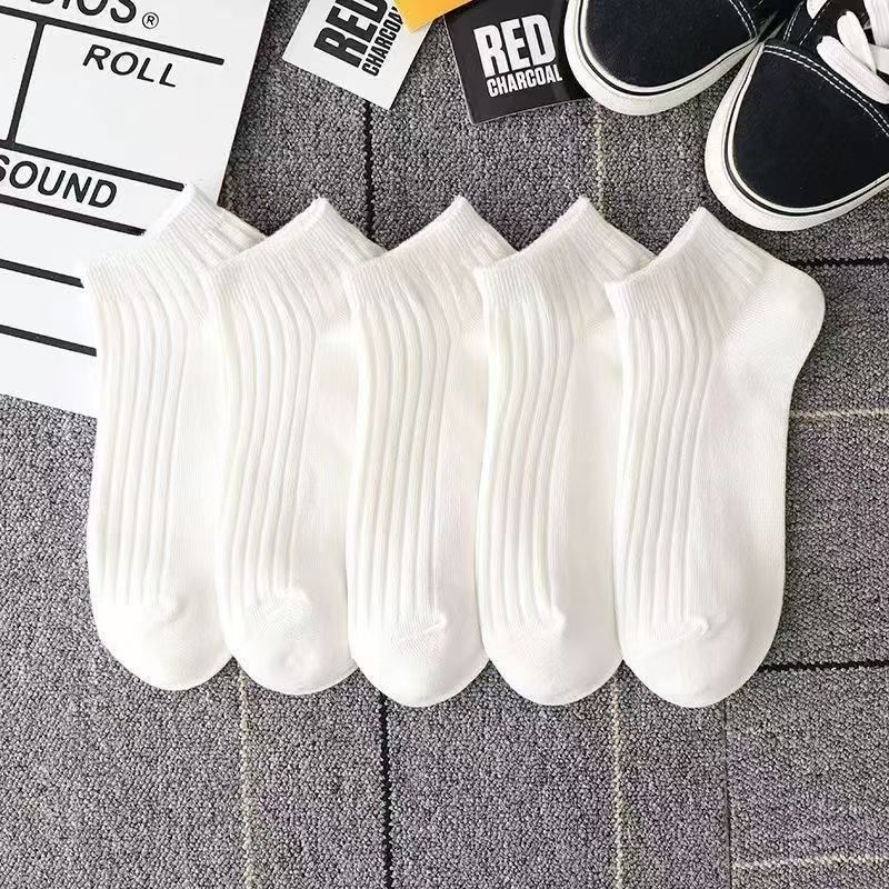 Women Solid White Ribbed Ankle Socks, Soft Cotton Low Cut Casual Socks for Sneakers, 5 Pairs Basic Daily Crew Socks
