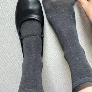 Sheer Mesh Trim Polka Dot Mid Calf Socks, Dark Grey Tiny Dot Thin Cotton Slouch Socks, Elegant See-through Cuff Socks