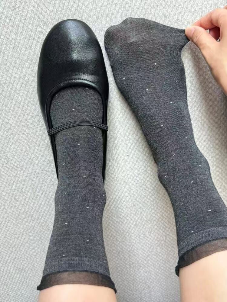 Sheer Mesh Trim Polka Dot Mid Calf Socks, Dark Grey Tiny Dot Thin Cotton Slouch Socks, Elegant See-through Cuff Socks