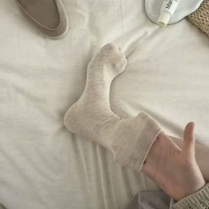 Basic Heather Grey Slouch Mid Calf Socks, Soft Thin Cotton Solid Stackable Crew Socks, Minimal Neutral Daily Socks