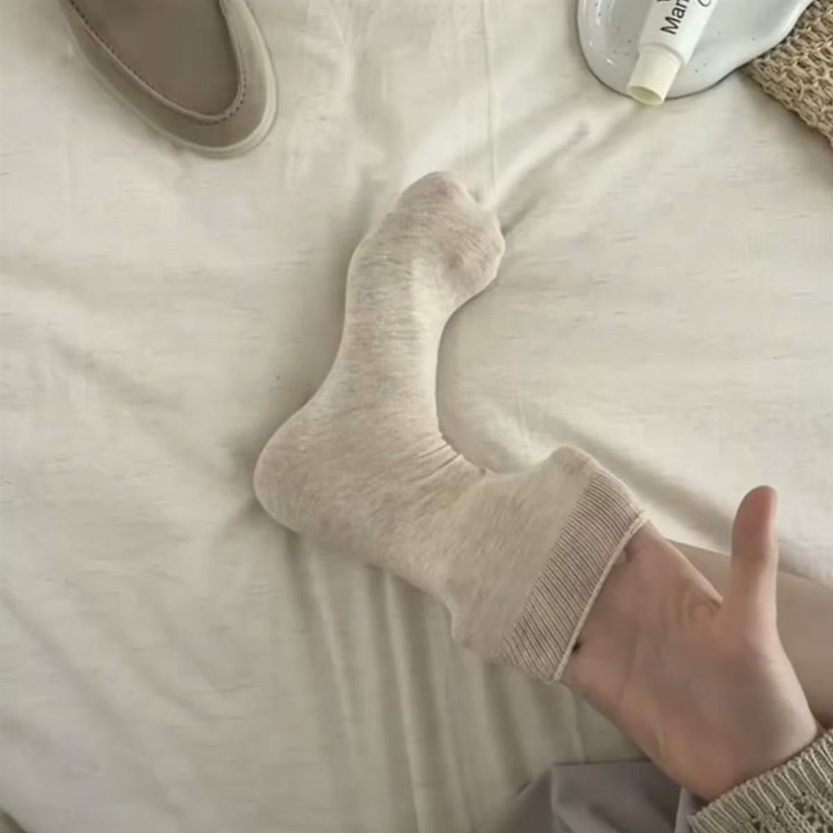 Basic Heather Grey Slouch Mid Calf Socks, Soft Thin Cotton Solid Stackable Crew Socks, Minimal Neutral Daily Socks